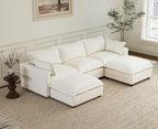 chairus 97" Modular Sectional Sofa with 2 Moveable Ottoman Upholstered Deep Seat Linen Couch Set with Soft Pillows U Shaped Sofa Couch for Living Room, Apartment, Reception Room, 3-Seater/White