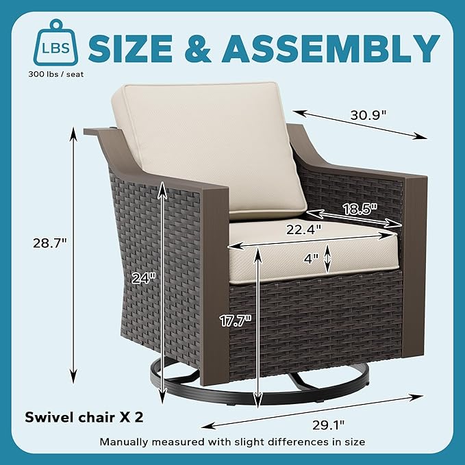 Patio Metal Swivel Chairs Set of 2, Wicker Conversation Furniture Set, Upholstered & 360 Degree Glider Rockers Armchairs, PE Rattan, Metal armrests, Terrace (Beige and Brown Stripe)