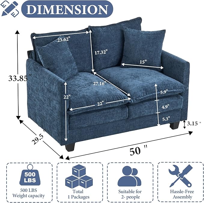 50" Loveseat Sofa Small Cloud Couch | Mini Chenille Love Seat Couches with 2 Pillows | 27.16" Deep Seat for Small Spaces Bedroom Dorm Apartment | Blue