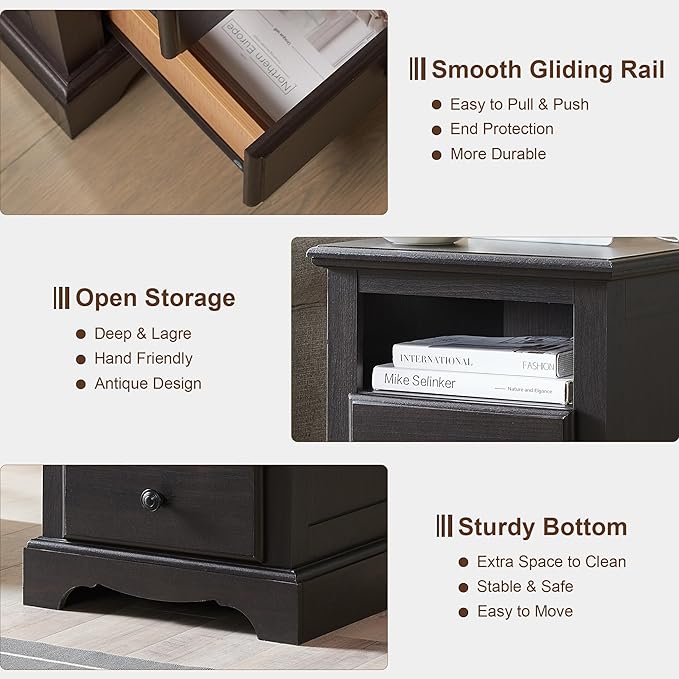 T4TREAM Nightstand with Charging Station, 18 Inch Vintage End Table with 2 Drawers for Living Room, Wood Rustic Sofa Side Table with Open Storage Shelf for Bedroom, Espresso