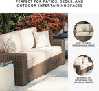Signature Design by Ashley Coastline Bay Casual Weather Resistant Outdoor Loveseat with Cushion and 2 Throw Pillows, Nuvella Weather Resistant Fabric, Beige & Dark Brown