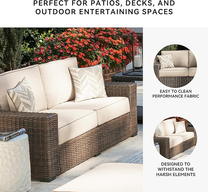 Signature Design by Ashley Coastline Bay Casual Weather Resistant Outdoor Loveseat with Cushion and 2 Throw Pillows, Nuvella Weather Resistant Fabric, Beige & Dark Brown