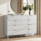 CARPETNAL Fluted 9 Drawer Dresser for Bedroom, 55" Wide Wooden Chest of Drawers with Rounded Corners, Gold Handles, Modern Storage Organizer for Bedroom, Hallway(White)