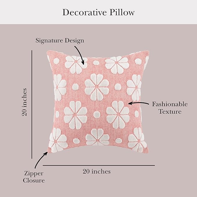 kate spade new york Spade Floral Decorative Pillow, 20" x 20" Throw Pillow for Bed or Sofa, Textured Cotton and Polyester Blend Cover, Pink