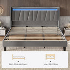 SHA CERLIN King Size Bed Frame with Charging Station and LED Lights, Modern Velvet Platform Bed with Upholstered Geometric Wingback Headboard, No Box Spring Needed, Easy Assembly, Grey