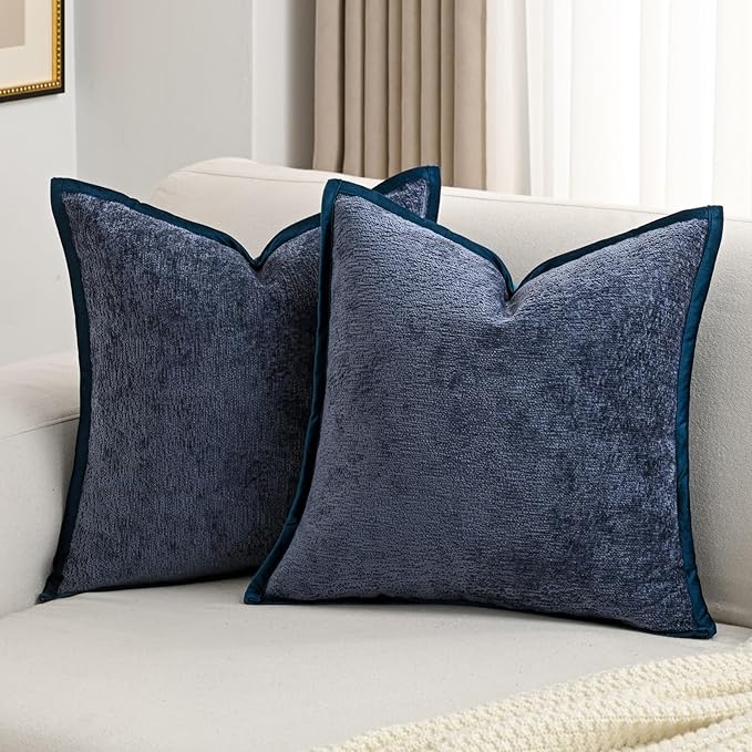 FUTEI Navy Blue Chenille Throw Pillow Covers 18x18 Inch Set of 2,Soft Cozy Bound Edge Design Cushion Case,Home Decor for Couch Bed Living Room