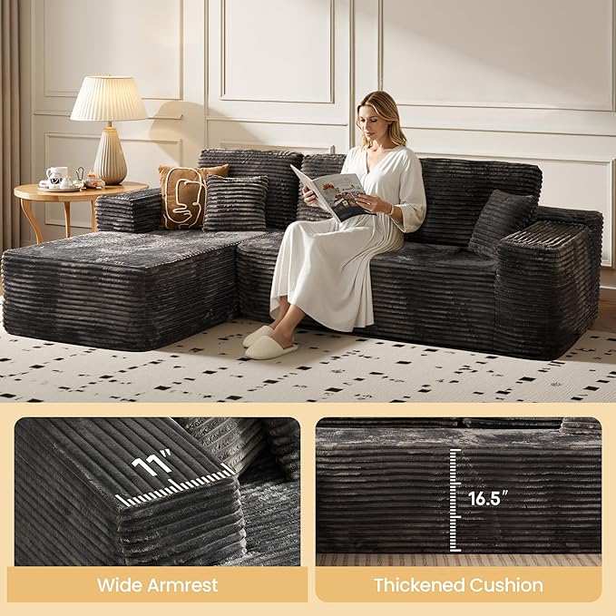 104" Cloud Sectional Couch with Chaise, Boneless L-Shaped Cloud Couch with Deep Seat, Soft Plush Modern Minimalist Sofa, Assembly Free Comfy Sofa for Office Living Room Apartment(Grey, Left Chaise)