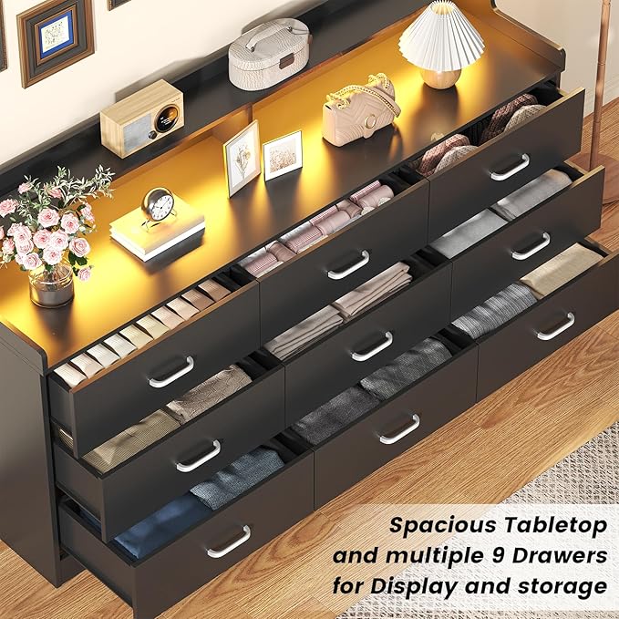 Bigbiglife 9 Drawer Dresser with Built in Power Outlet and LED Light, Modern Chest of Drawers for Bedroom, Triple Wide Drawer Organizer Cabinet for Living Room, Entryway, Hallway, Black