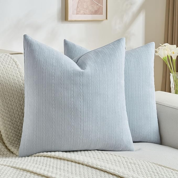 FUTEI Light Blue Decorative Throw Pillow Covers 22x22 Inch Set of 2,Soft Cozy Wheat Ear Striped Patterns Cushion Cases,Modern Home Decor for Couch Bed Living Room