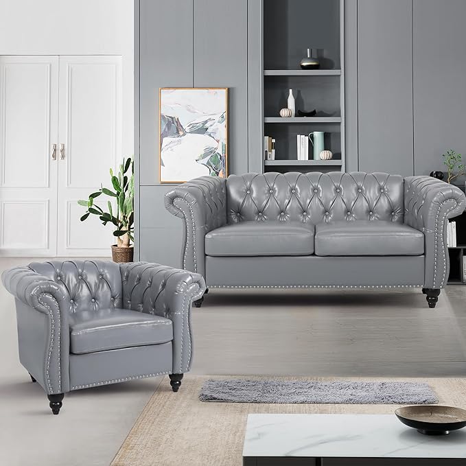 2 Piece Living Room Furniture Set, Faux Leather Loveseat and Chair Set, Mid Century Modern Upholstered Sofa Couch with Cushions, Vintage Comfy Tufted Chesterfield Couches for Bedroom, Office (Grey)