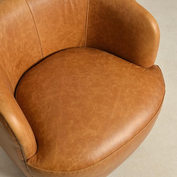 KINWELL 100% Top Grain Genuine Leather Swivel Barrel Armchair No Assembly Modern Upholstered Leather Swivel Accent Chairs with Toss Pillow for Living Room Office Lounge, Camel