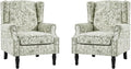 Wingback Accent Chairs Set of 2, High Back Upholstered Armchair, Printed Fabric Wingback Arms Chairs with Wood Legs, Single Sofa Reading Chair for Bedroom Living Room, Green Pattern