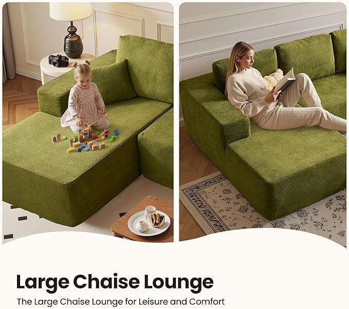 104" Cloud Sectional Couch with Chaise, Boneless L-Shaped Cloud Couch with Deep Seat, Modern Minimalist Sofa, Assembly Free Comfy Sofa for Office Living Room Study Room Apartment(Green, Left Chaise)