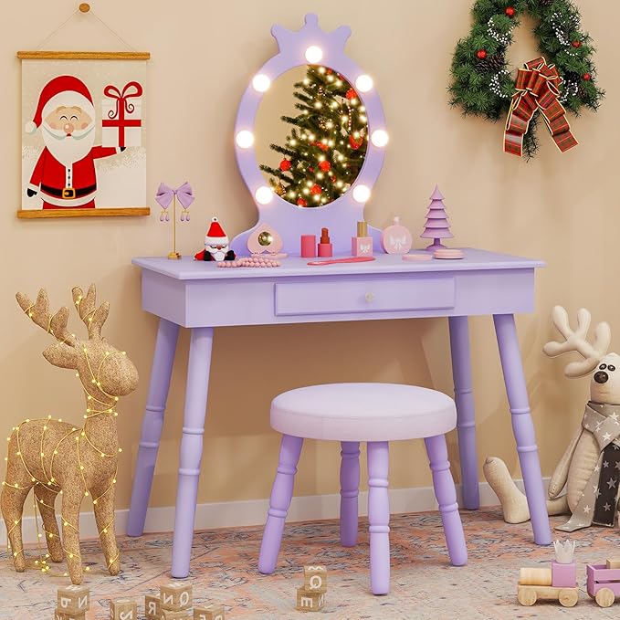 Costzon Kids Vanity, Girls Vanity Set with Mirror and Stool and Lights, Drawer, 2 in 1 Wooden Makeup Vanity Desk Dressing Table, Kids Vanity Table and Chair Set (Violet)