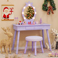 Costzon Kids Vanity, Girls Vanity Set with Mirror and Stool and Lights, Drawer, 2 in 1 Wooden Makeup Vanity Desk Dressing Table, Kids Vanity Table and Chair Set (Violet)