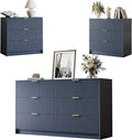 3-Piece Dresser Bedroom Set, 6 Drawer Dresser & 3 Drawer Nightstands with Gold Handles, Fluted Wood Chest of Drawers for Bedroom, Living Room, Entryway, Navy Blue