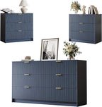 3-Piece Dresser Bedroom Set, 6 Drawer Dresser & 3 Drawer Nightstands with Gold Handles, Fluted Wood Chest of Drawers for Bedroom, Living Room, Entryway, Navy Blue