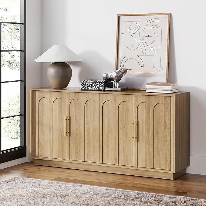 Sideboard Buffet Cabinet with Storage, Modern Accent Cabinet with Arched Doors, Boho Modular Media Console, 67" Large Minimalist Credenza for Living Room Kitchen Dining Room Entryway, Oak