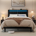 Allewie Full Size LED Bed Frame with Charging Station, Velvet Upholstered Platform Bed with Geometric Wingback Headboard, Modern Frame with No Box Spring Needed, Easy Assembly, Black