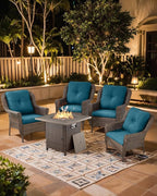 Outdoor Patio Chairs with Fire Pit Table 5 Piece Set - High Back Brown Wicker Rattan Lawn Chair with Thick Cushion for Porch Apartment Deck Yard Poolside Garden - Peacock Blue