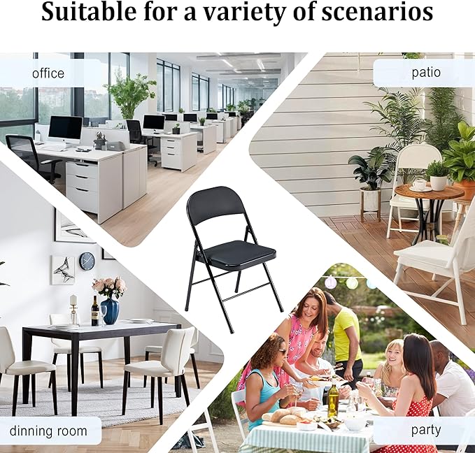 6 Pack Black Folding Chairs with Padded Cushion and Back, Foldable Indoor Outdoor Chairs with 330-LBS Capacity, Portable Heavy Duty Metal Frame Commercial Seat for Kitchen, Party, Events, Wedding