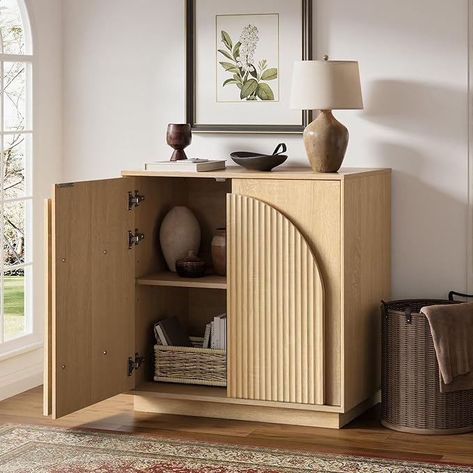 win2win Fluted Sideboard Buffet Cabinet with Storage, 31.5" Modern Boho Accent Cabinet with Double-Layered Arch Doors, Small Wood Console Credenza for Living Room, Dining Room, Entryway, Hallway, Oak