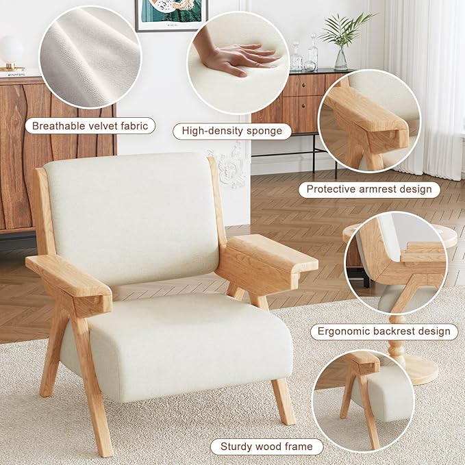 Mid Century Modern Accent Chair, Fabric Upholstered Lounge Arm Chair with Solid Wood Frame for Living Room, Bedroom, Office, Reading Corner (White, Single Chair)