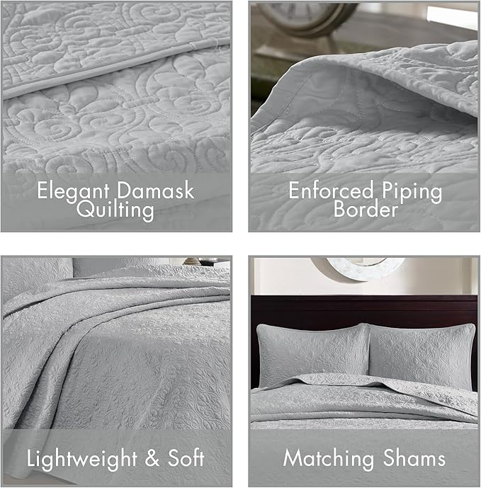 Madison Park Quebec King Size Quilt Bedding Set - Grey , Damask – 3 Piece Bedding Quilt Coverlets – Ultra Soft Microfiber Bed Quilts Quilted Coverlet
