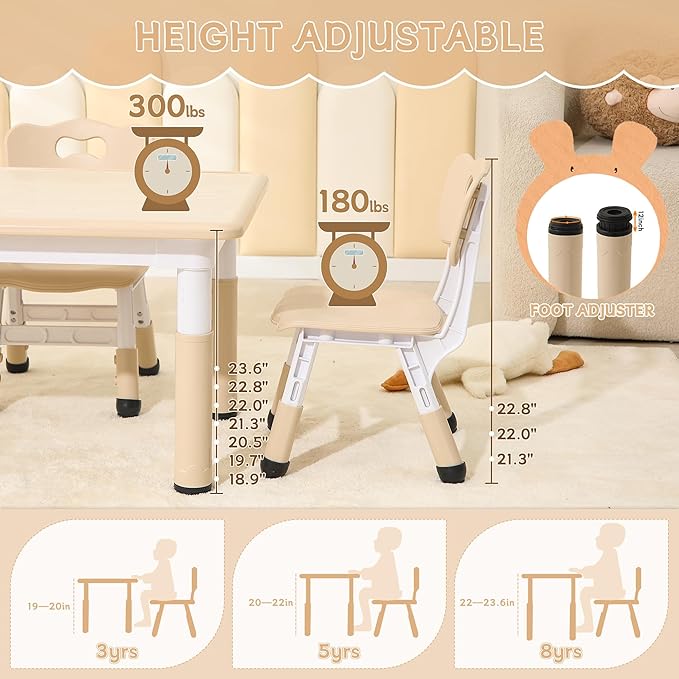Kids Table & Chairs Set, Height Adjustable Toddler Study Table with Anti-Slip Foot Covers, Ages 2-10