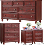 Farmhouse Dressers & Night Stand Set of 4, Wood 54" Wide Dresser & 35" Tall Chest of Drawers, 18" with Charging Station Nightstand Set of 2, Bedroom Furniture Dresser Set for Home Living Room Hallway