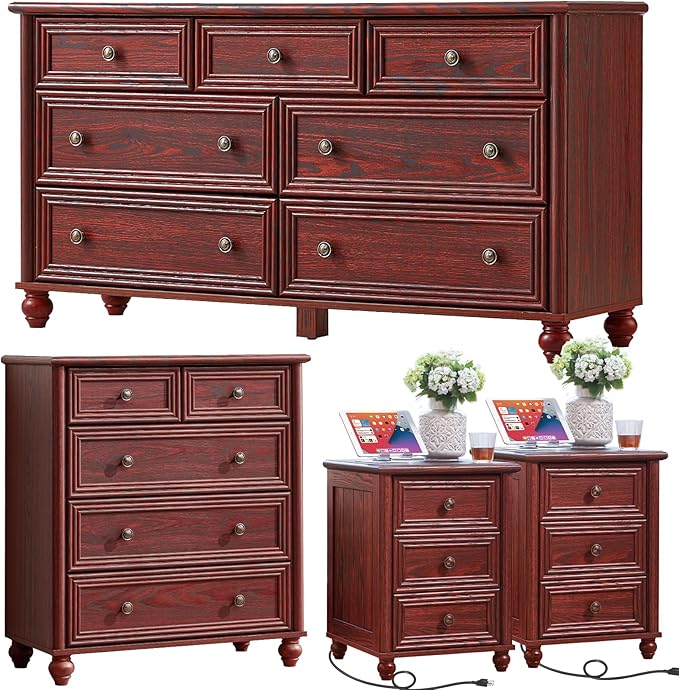 Farmhouse Dressers & Night Stand Set of 4, Wood 54" Wide Dresser & 35" Tall Chest of Drawers, 18" with Charging Station Nightstand Set of 2, Bedroom Furniture Dresser Set for Home Living Room Hallway
