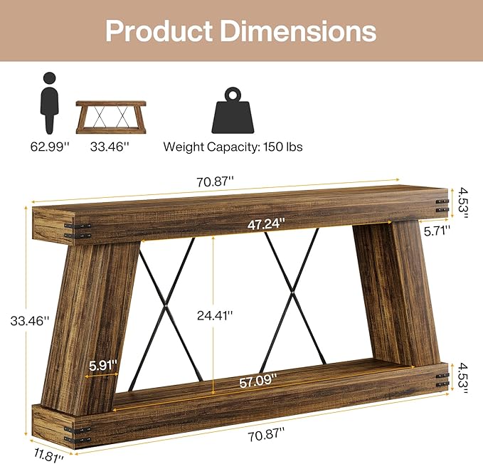 Tribesigns 70.9" Farmhouse Console Table, Long Sofa Table Behind Couch with Storage, Narrow Wooden Console Station, Industrial Rustic Entryway Furniture for Hallway, Entry, Living Room (1, Dark Brown)