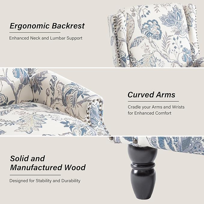 Accent Chair, Upholstered High Back Floral Armchair with Nailhead Trim & Wood Legs, Comfy Wingback Reading Single Sofa Chair for Small Spaces, Living Room, Bedroom