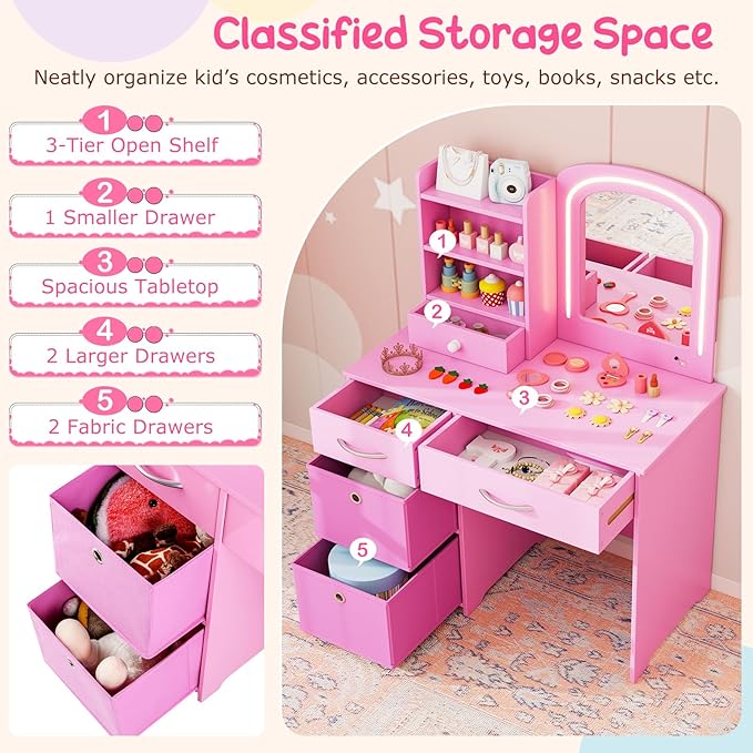 Costzon Kids Vanity with Lights, Princess Makeup Dressing Desk with Mirror and Stool, Storage Drawers, Shelves, Kids Vanity Table and Chair Set for Little Girls (Pink)