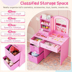 Costzon Kids Vanity with Lights, Princess Makeup Dressing Desk with Mirror and Stool, Storage Drawers, Shelves, Kids Vanity Table and Chair Set for Little Girls (Pink)