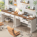 Farmhouse Executive Desk, 48 Inch Computer Desk with 2 Drawers, Simple Home Office Writing Desk Workstation for Bedroom Study Small Spaces, White and Brown