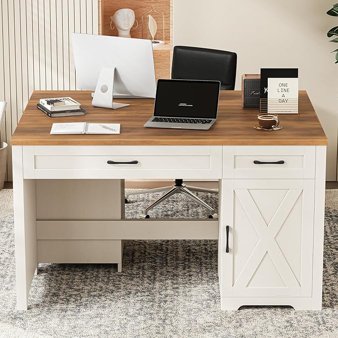 Vabches Farmhouse 51" Executive Desk,Computer Desk with Drawers and Storage Cabinet, Home Office Desk for Work and Study.