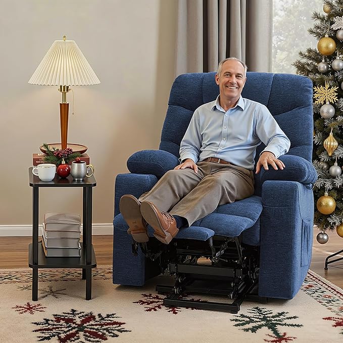 MCombo Power Lift Recliner Chair with Extended Footrest for Elderly People, Fabric 7283 (Navy Blue, Large)