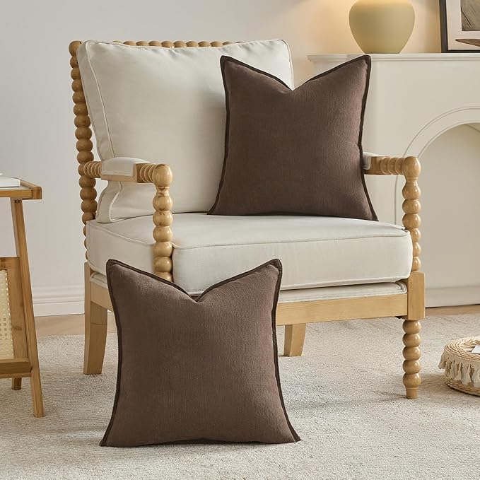 FUTEI Dark Coffee Chenille Throw Pillow Covers 26x26 Inch Set of 2,Edges Double-Stitched Euro Pillow Shams,Modern Home Decor for Couch Living Room