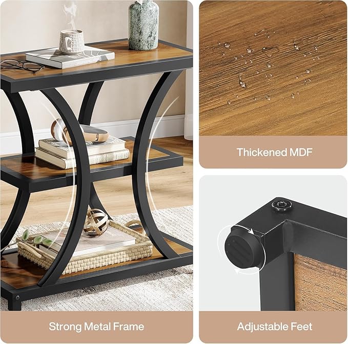 Tribesigns End Table with Storage, 3-Tier Side Table with Geometric Metal Design, Industrial Nightstand for Small Spaces, Living Room, Bedroom, Study Room (1, Rustic Brown)