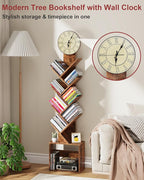 7 Tier Tree Bookshelf with Clock and Storage Cabinet, Small Narrow Floor Standing Bookcase for Bedroom, Living Room, Home Office, Dark Brown