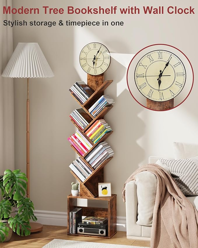 7 Tier Tree Bookshelf with Clock and Storage Cabinet, Small Narrow Floor Standing Bookcase for Bedroom, Living Room, Home Office, Dark Brown
