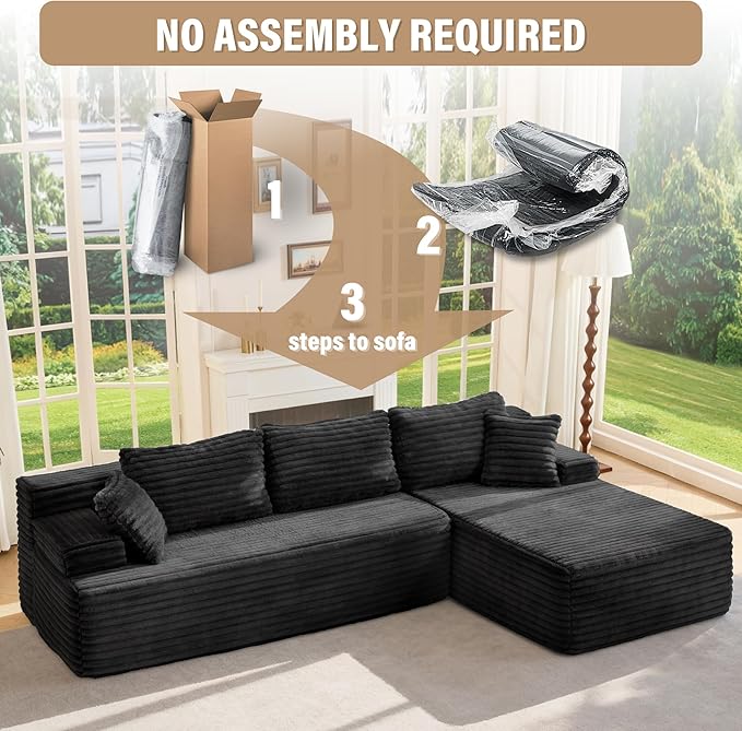 Hobestluk Modular Sectional Couch Sofa, 108" Boneless Couches for Living Room, Memory Foam Sectional Couch with Oversized Chaise,L-Shape Couches (Black, Right Facing)