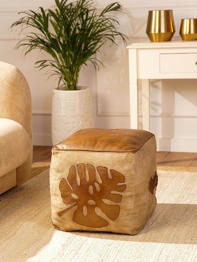 Handmade Eco-Friendly Solid Leather Pouf Brown Color Sqaure 20" x 20" x 20" Pouf for Living Room, Bedroom Seating, Patio