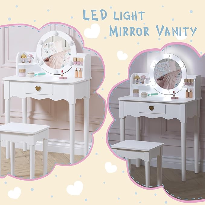 UTEX Kids Vanity, Girls Vanity Set with Mirror and Stool and Lights, Kids Vanity Table and Chair Set,Wooden Princess Makeup Desk Dressing Table, White