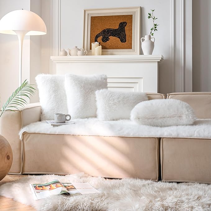 Neelvin Cream White Faux Fur Cozy Fluffy Double-Sided Decorative Throw Pillow Covers 12x20 inch Set of 2,Velvet Pillowcase Cushion Case for Sofa Couch