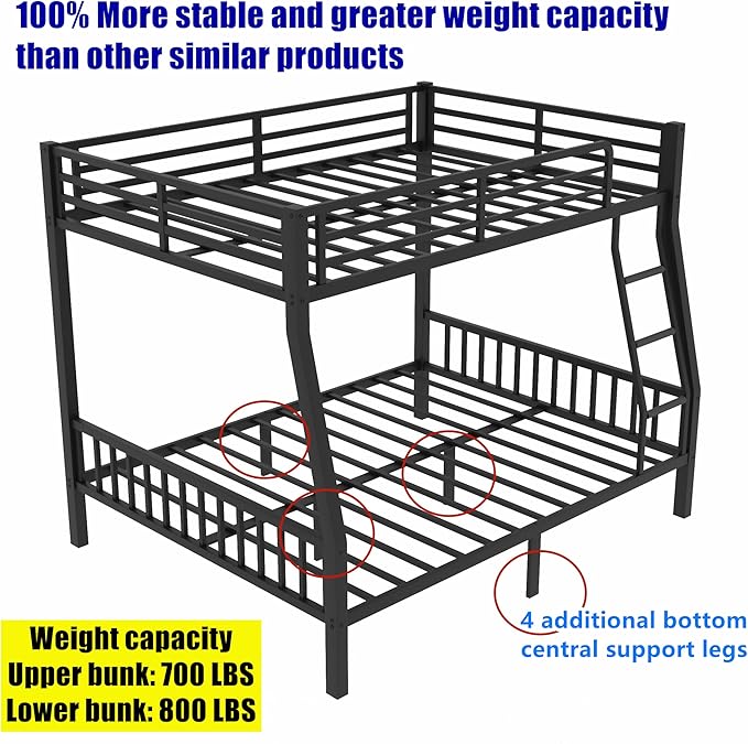 Stronger & Higher Quality Heavy Duty Bunk Bed Full XL Over Queen Size Bunkbed, Thickened Safer More Stable Steel Metal Queen Bunk Bed (Faster Assembly) (Full XL Over Queen)