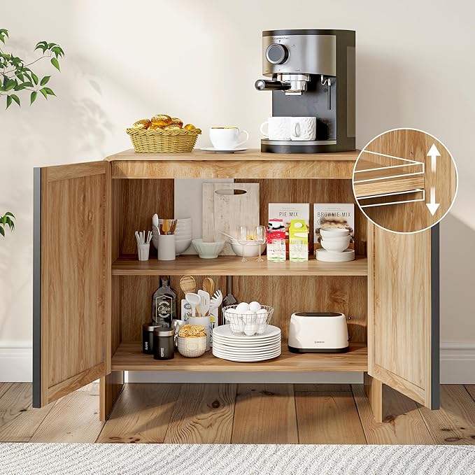 BERRYMERRY 2 Door Fluted Sideboard Buffet Cabinet with Storage, Modern Wood Cabinet with Adjustable Shelves for Living Room, Dining Room (Light Wood 2 Doors)