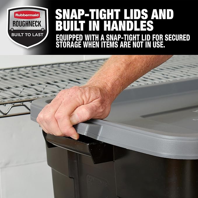 Rubbermaid Garage Storage Bins Black Plastic Stackable Storage with 3-Pack 31 GAL Capacity, Totes for Storage Home Organization Durable - Heavy Duty (31 GAL - 3 Pack Solid Black and Grey)