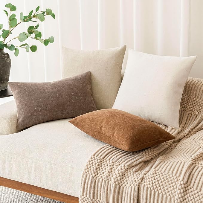 Foindtower Pack of 2 Soft Textured Chenille Throw Decorative Pillow Covers Square Accent Solid Cushion Cover Cozy Neutral Farmhouse Pillow Case for Couch Sofa Bedroom Living Room 24x24 Inch, Beige